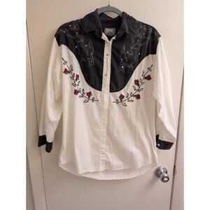 Western Embroidered Button Down Shirt Black & White Rose Detail